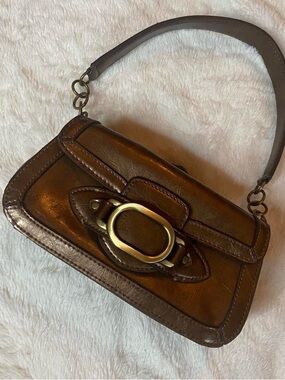 Vintage Y2K Metallic Bronze Baguette Bag | Brass Oval Buckle Shoulder Purse